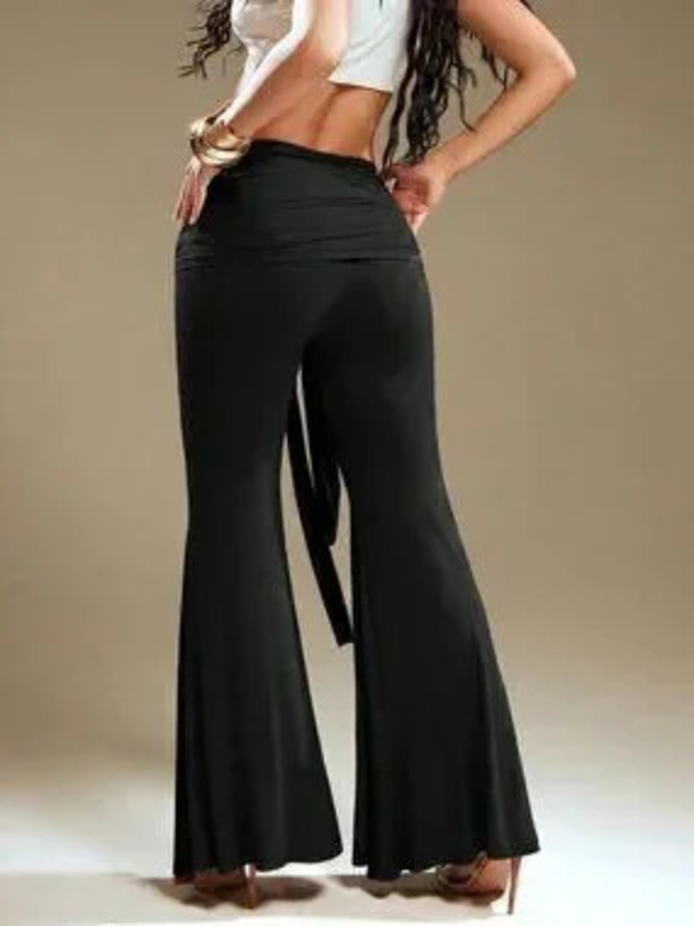 Black Elegant Women's Tie Waist Flared Pants Casual Streetwear Pants